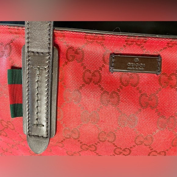 Gucci Red GG Canvas Tote Bag with Brown Leather Trim Corners Shopper Authentic - Picture 3 of 16